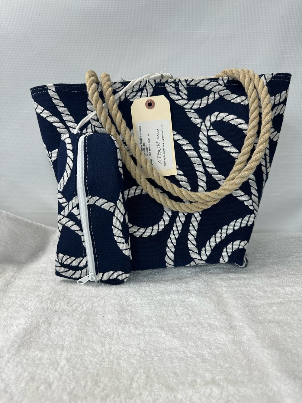 Navy Rope-Pattern Tote Bag with Natural Rope Handles - Picture 2 of 9